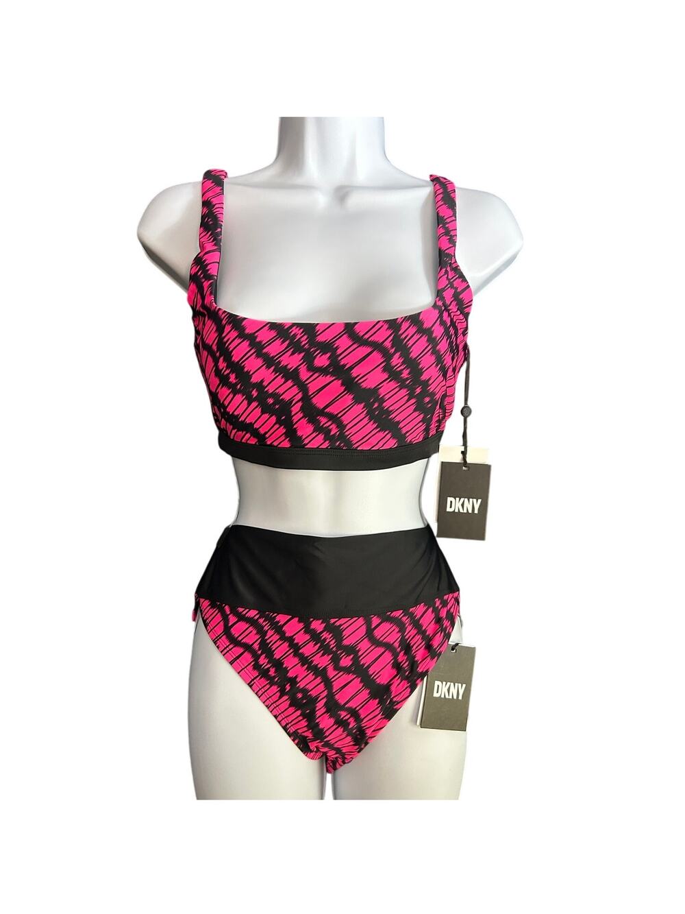 DKNY Swim Hot Neon Pink & Black Bikini Set Size Medium New